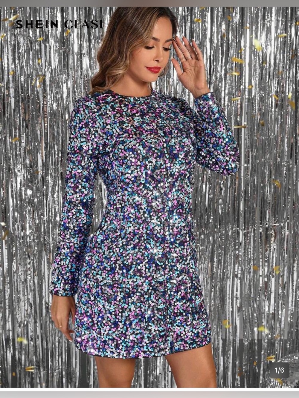 Multi colored Sequin Long-Sleeve Party Dress medium 6